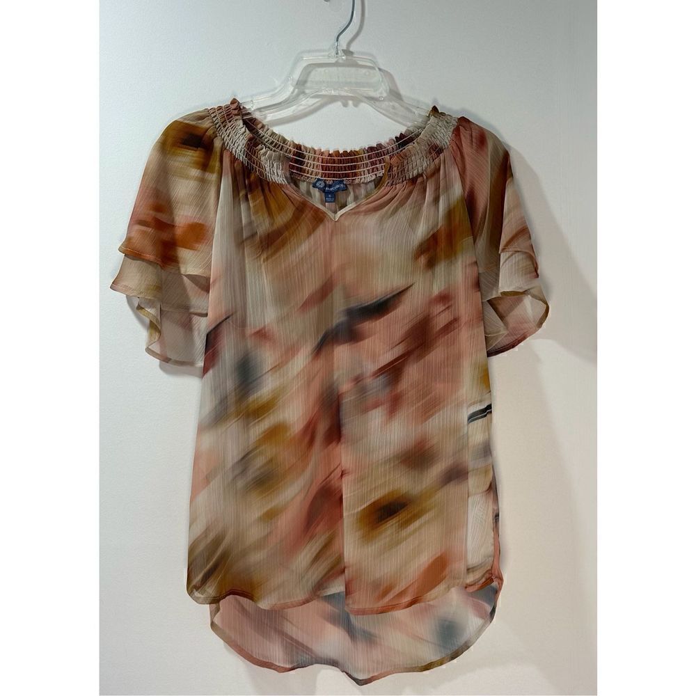 Democracy women’s multi color short sleeve top elastic neckline size S #42-1048